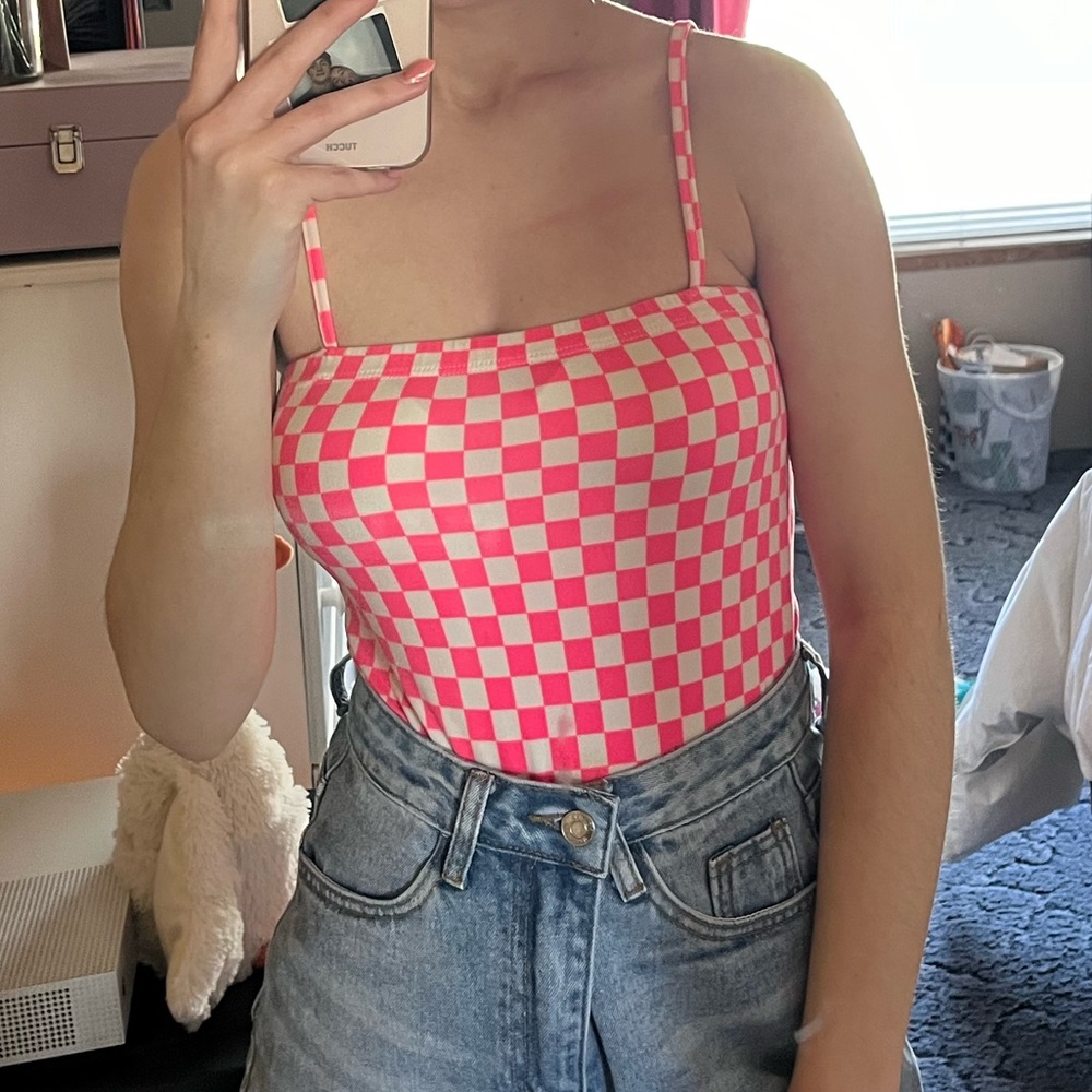 Hot Pink & White Checkered Print Bodysuit